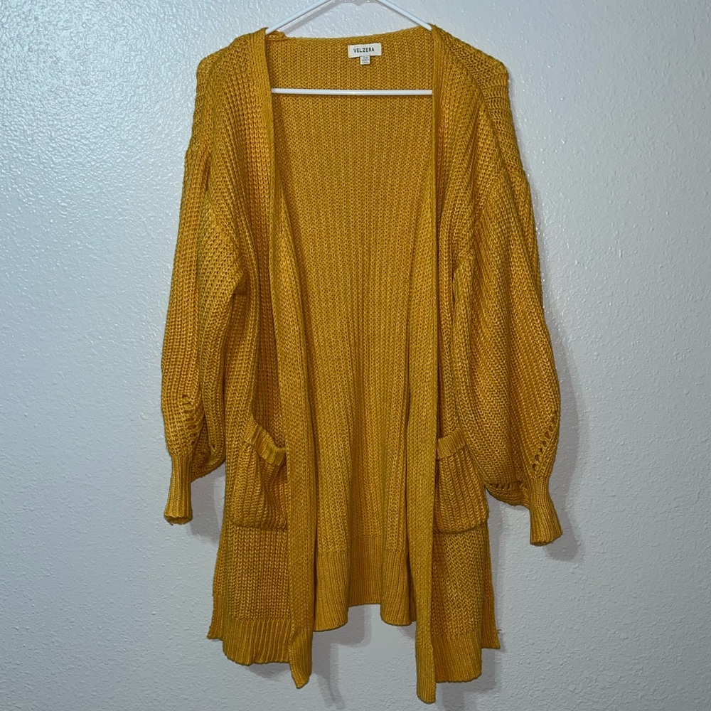 Velzera Long Line Crochet Knit Balloon Sleeve Cardigan Size S/M